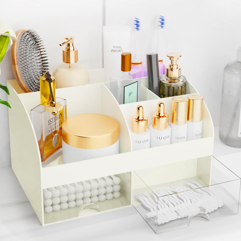 COMFYROOM Makeup Organizer with Drawers, Cosmetic Storage for Dresser Vanity and Bathroom Countertop, Beauty Holder for Lipstick Brush, Skincare Organizer for Vanity, Cosmetic Display Case (Ivory) - Image 1