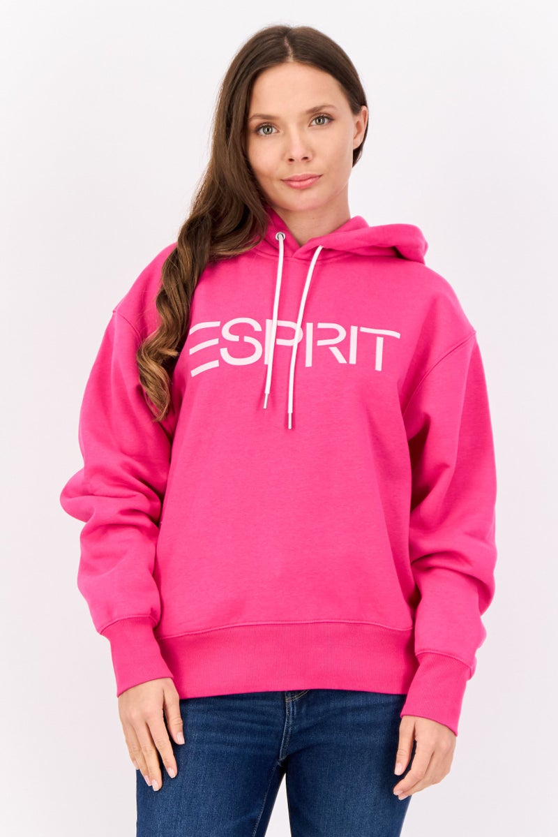 ESPRIT Women Brand Logo Long Sleeve Hooded Sweatshirts, Dark Pink - Image 1
