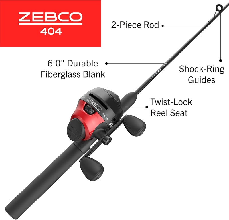Zebco 404 Spincast Reel and Fishing Rod Combo, 6-Foot 2-Piece Fishing Pole, Size 40 Reel, Right-Hand Retrieve, Pre-Spooled with 15-Pound Line, Black/Red - Image 2