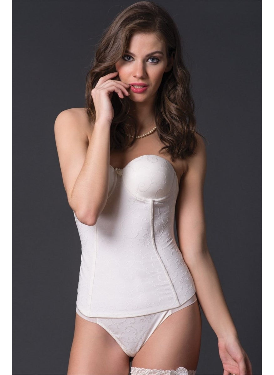 Magic Form - 9765 Women's Ecru Patterned Fabric Backless Long Strapless Bustier - Image 1