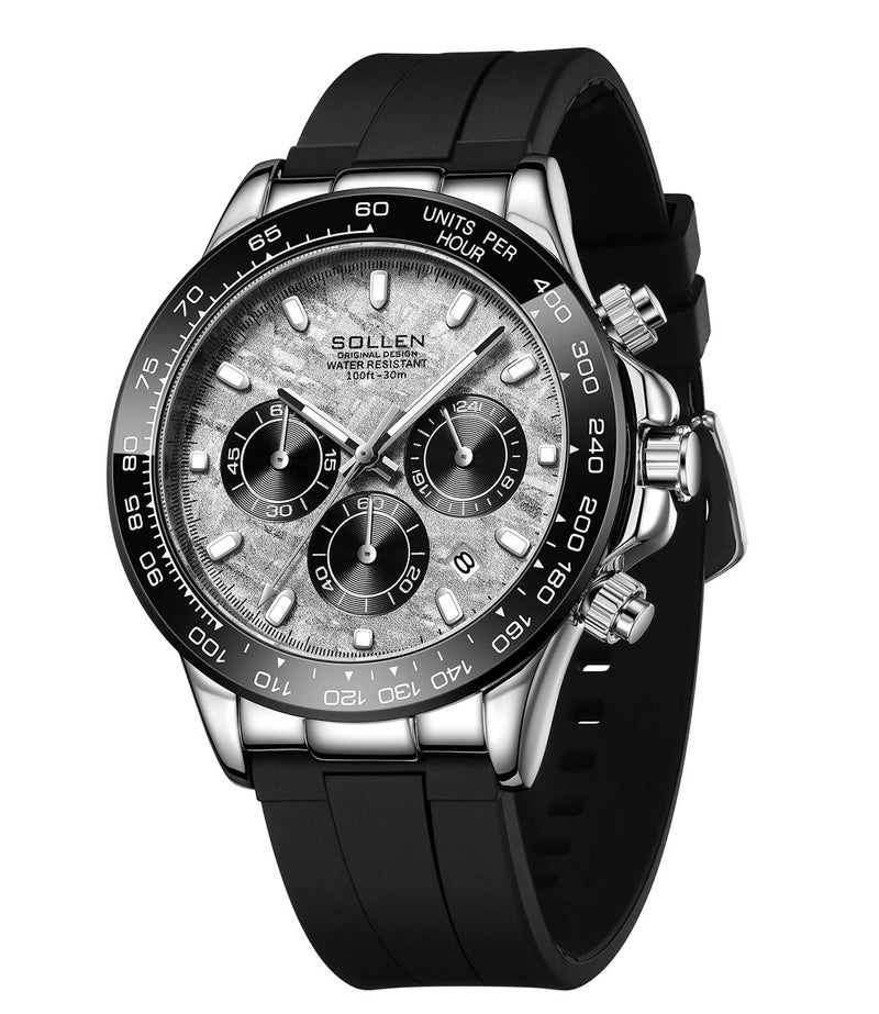 SOLLEN Men's Chronograph Watches, Black Luxury Formal Analog Quartz Watches with Calendar & Silicone Strap, Waterproof Casual Stylish Luminous Watch for Running, Sport, Daily Use - 44mm - Image 1