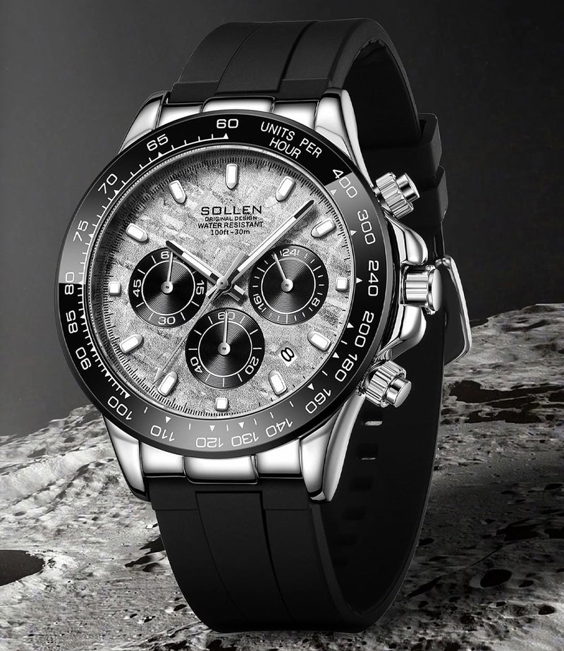 SOLLEN Men's Chronograph Watches, Black Luxury Formal Analog Quartz Watches with Calendar & Silicone Strap, Waterproof Casual Stylish Luminous Watch for Running, Sport, Daily Use - 44mm - Image 3