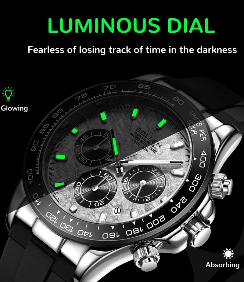 SOLLEN Men's Chronograph Watches, Black Luxury Formal Analog Quartz Watches with Calendar & Silicone Strap, Waterproof Casual Stylish Luminous Watch for Running, Sport, Daily Use - 44mm - Image 5