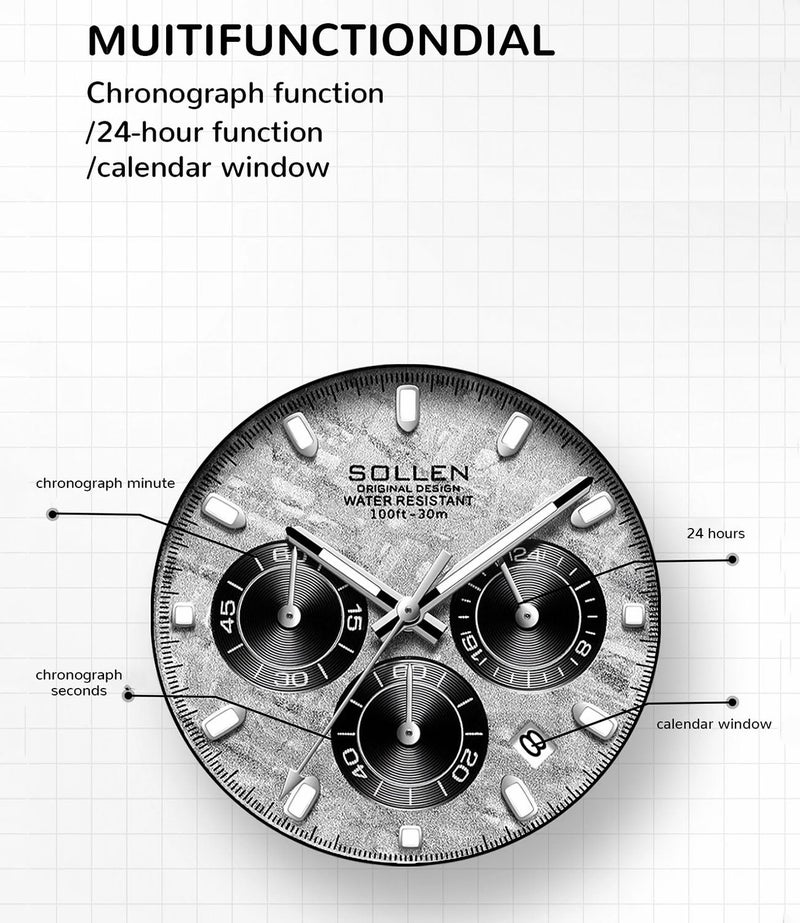 SOLLEN Men's Chronograph Watches, Black Luxury Formal Analog Quartz Watches with Calendar & Silicone Strap, Waterproof Casual Stylish Luminous Watch for Running, Sport, Daily Use - 44mm - Image 4