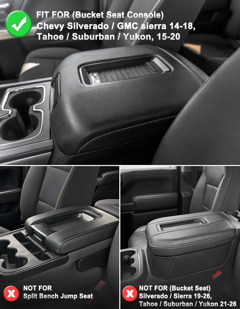 KBH Center Console Lid Armrest Cover for Chevy Silverado, GMC Sierra 1500 2500 3500 2014-2018 & Tahoe Yukon Suburban 2015-2019, Vinyl Leather Arm Rest Cushion Pad, Black (Bucket Seat Only) - Image 2