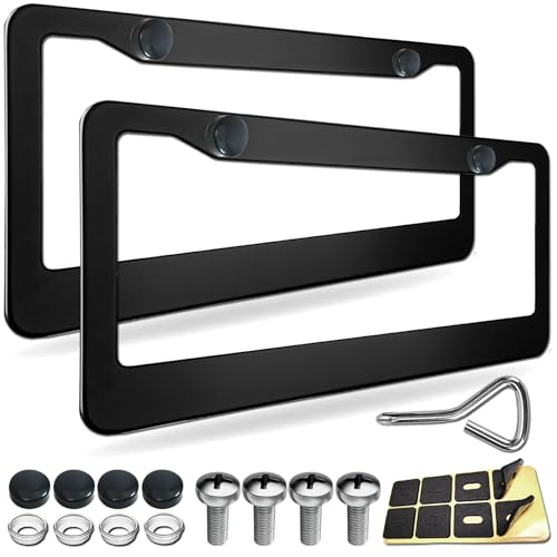 GNSZSN License Plate Frames 2 Pack Matte Black Universal Aluminum Metal Car Tag Frame for Front and Rear Number Holder with Screws Caps - Image 1