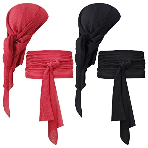 Newcotte 4 Pcs Halloween Pirate Costume Men Women Pirate Hat Sash Belt Head Scarf Bandana Halloween Cosplay Accessories(Black, Red) - Image 1