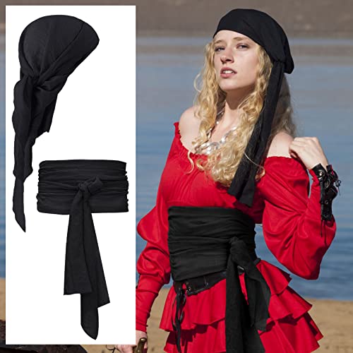 Newcotte 4 Pcs Halloween Pirate Costume Men Women Pirate Hat Sash Belt Head Scarf Bandana Halloween Cosplay Accessories(Black, Red) - Image 4