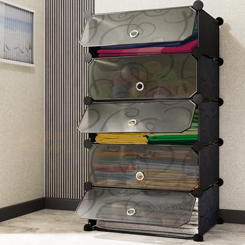 AYSIS Almirah for Clothes,Plastic Collapsible Wardrobe for Clothes for Kids Clothes/Toy/Book, Space-Saving Wardrobe for Clothes Storage in Bedroom Nursery,Cartoon (Black, 5-Shelf-5-Door) - Image 1