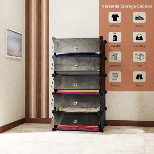 AYSIS Almirah for Clothes,Plastic Collapsible Wardrobe for Clothes for Kids Clothes/Toy/Book, Space-Saving Wardrobe for Clothes Storage in Bedroom Nursery,Cartoon (Black, 5-Shelf-5-Door) - Image 4