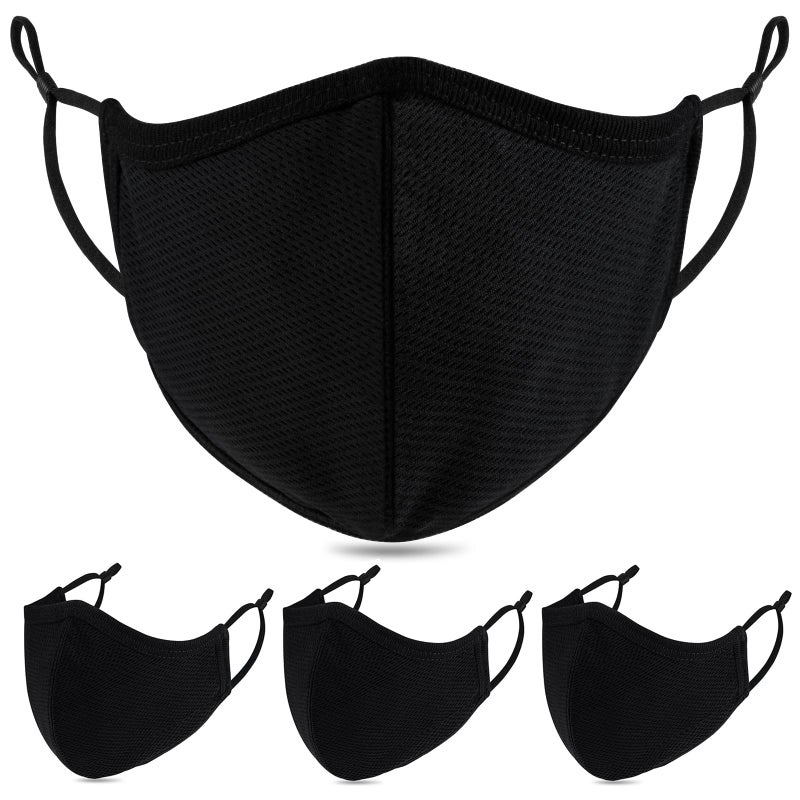 Cloth Face Mask Breathable 3Ply Adjustable Ear Loops Washable Reusable Cotton Black Sport Masks for Unisex Adult Pack of 4 LBlackfor Most Women Men