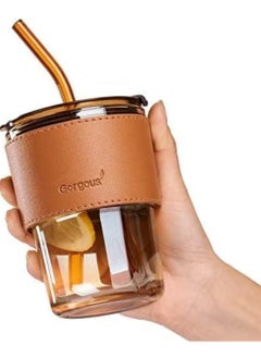 400ml Glass Mug with Straw and Lid, Mug with Leather Sleeve, Glass Coffee Mug with Straw and Spout for Direct Oral Drinking for Dual Use, Essential Travel Bottle, 400ml Glass Coffee Mug with Lid and Straw for Iced Tea, Smoothies, Cocktails, Heat Resistant with Non-Slip Leather Sleeve, 1 Pack...