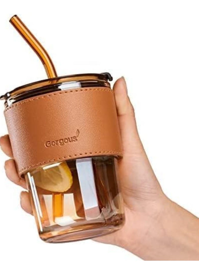 Generic - 400ml Glass Mug with Straw and Lid, Mug with Leather Sleeve, Glass Coffee Mug with Straw and Spout for Direct Oral Drinking for Dual Use, Essential Travel Bottle, 400ml Glass Coffee Mug with Lid and Straw for Iced Tea, Smoothies, Cocktails, Heat Resistant with Non-Slip Leather Sleeve, 1 Pack... - Image 1