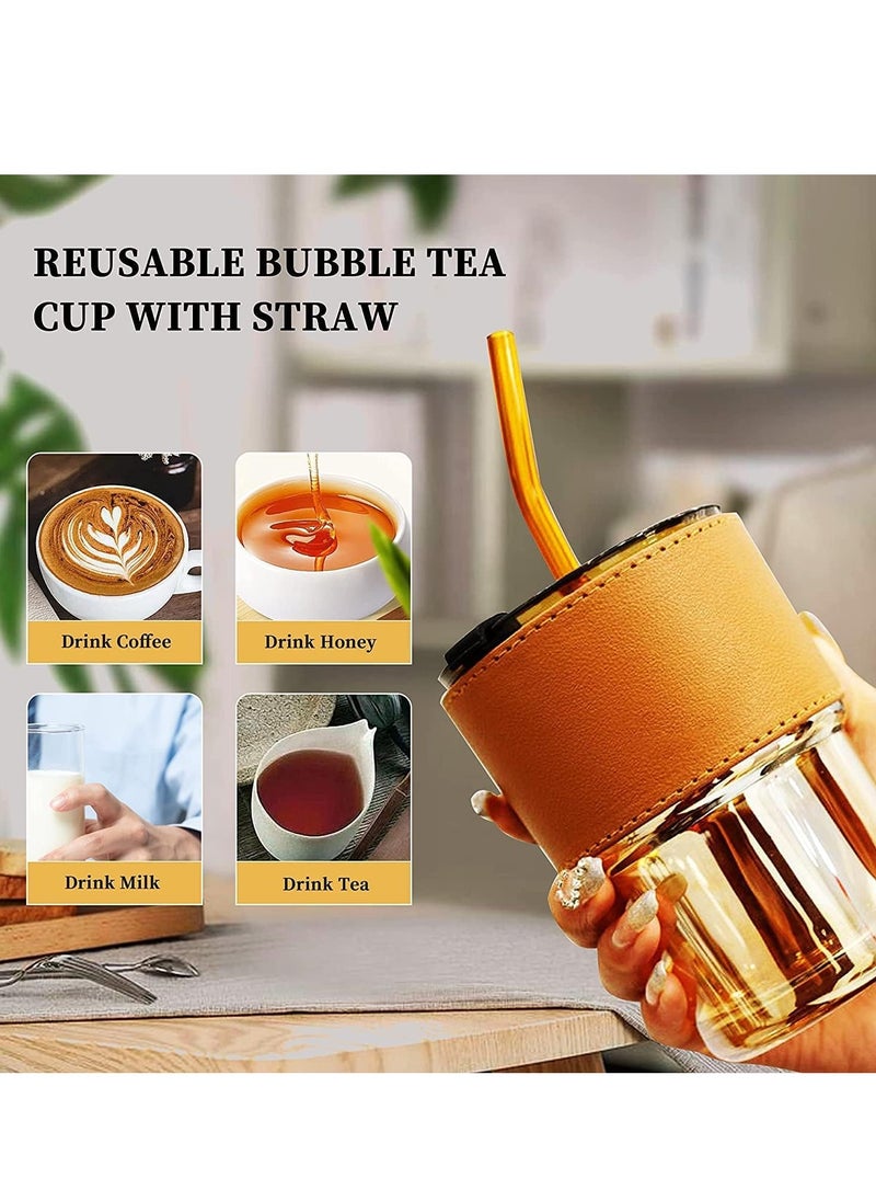 Generic - 400ml Glass Mug with Straw and Lid, Mug with Leather Sleeve, Glass Coffee Mug with Straw and Spout for Direct Oral Drinking for Dual Use, Essential Travel Bottle, 400ml Glass Coffee Mug with Lid and Straw for Iced Tea, Smoothies, Cocktails, Heat Resistant with Non-Slip Leather Sleeve, 1 Pack... - Image 1
