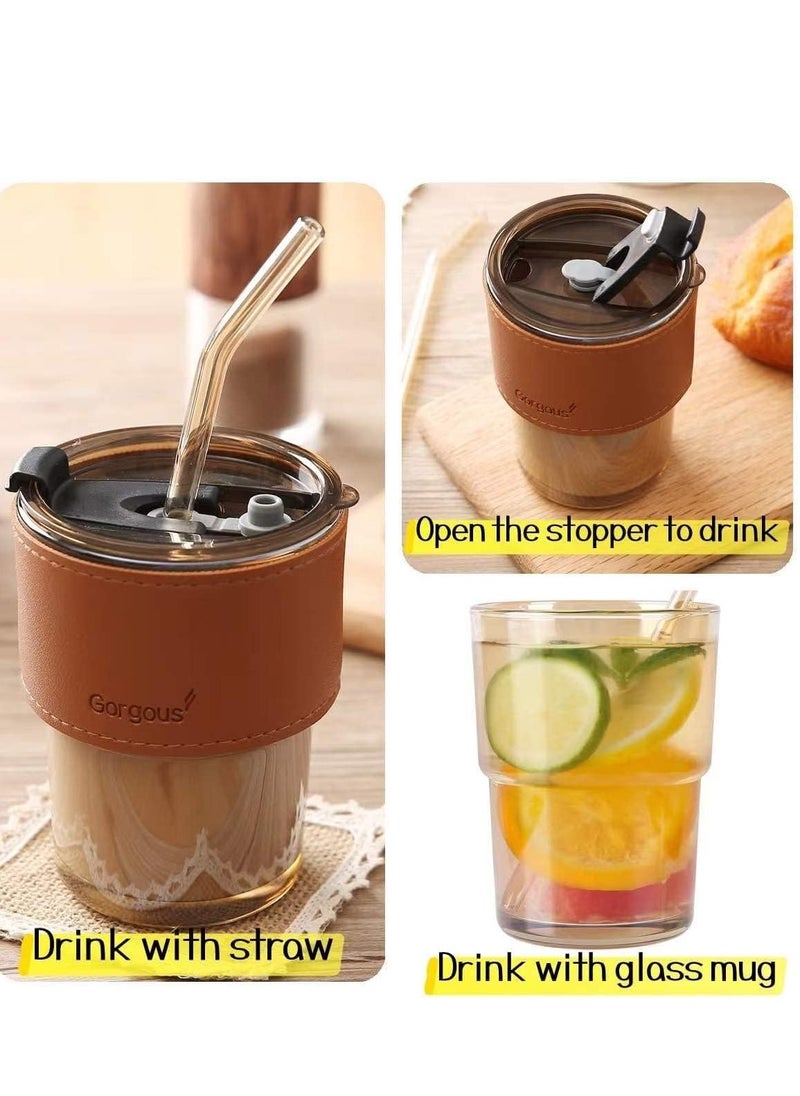 Generic - 400ml Glass Mug with Straw and Lid, Mug with Leather Sleeve, Glass Coffee Mug with Straw and Spout for Direct Oral Drinking for Dual Use, Essential Travel Bottle, 400ml Glass Coffee Mug with Lid and Straw for Iced Tea, Smoothies, Cocktails, Heat Resistant with Non-Slip Leather Sleeve, 1 Pack... - Image 1