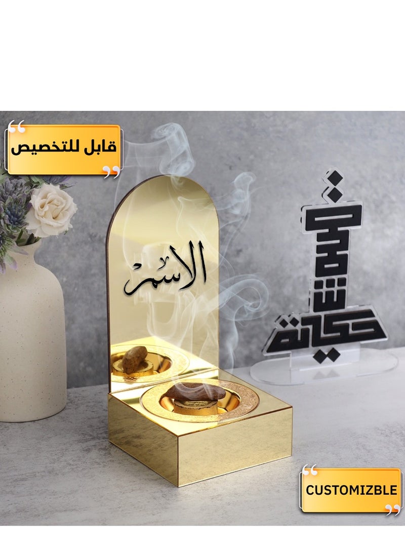 حكاية شمعة مبخره بخور مصنوعه من الاكريليك اللامع ، مبخرة باسم قابل للتخصيص "باسمك او اسم من تحب "بتصميم مميز وبلون ذهبي  - Image 1