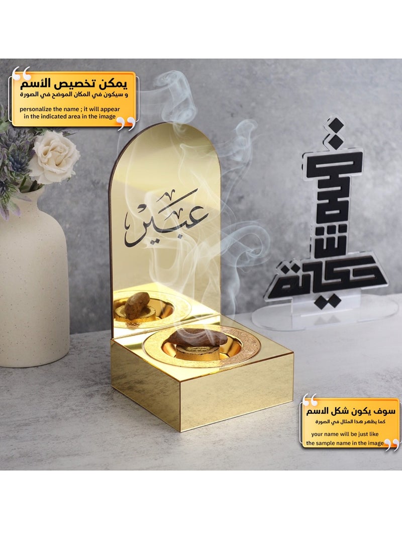 حكاية شمعة مبخره بخور مصنوعه من الاكريليك اللامع ، مبخرة باسم قابل للتخصيص "باسمك او اسم من تحب "بتصميم مميز وبلون ذهبي  - Image 4