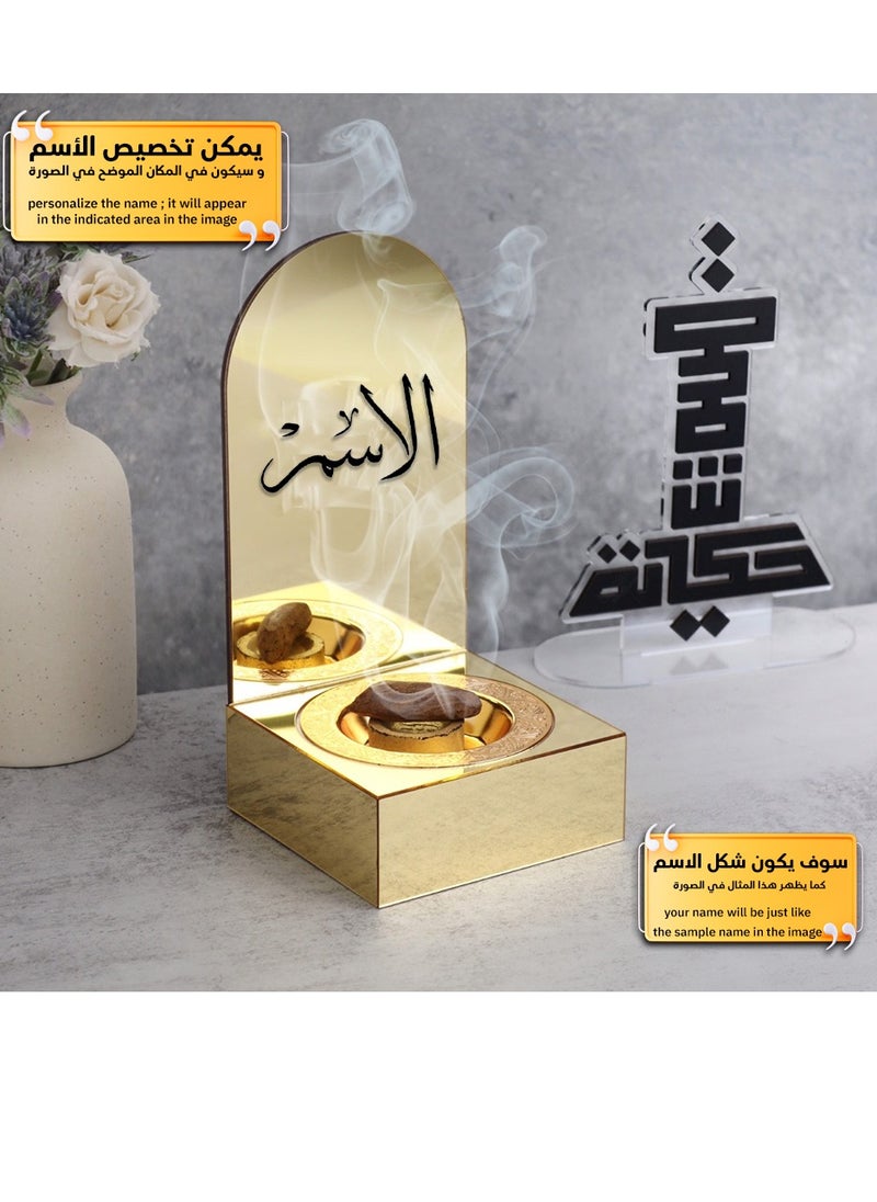 حكاية شمعة مبخره بخور مصنوعه من الاكريليك اللامع ، مبخرة باسم قابل للتخصيص "باسمك او اسم من تحب "بتصميم مميز وبلون ذهبي  - Image 3
