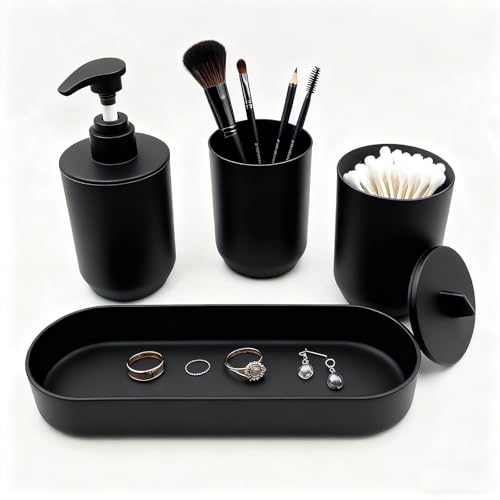 LGURT-4-piece Bathroom Accessories Set, with Toothbrush Holder, Lotion soap Dispenser, Qtip Holder Dispenser and Vanity Tray, Bathroom Counter top Vanity (Matte Black) - Image 1