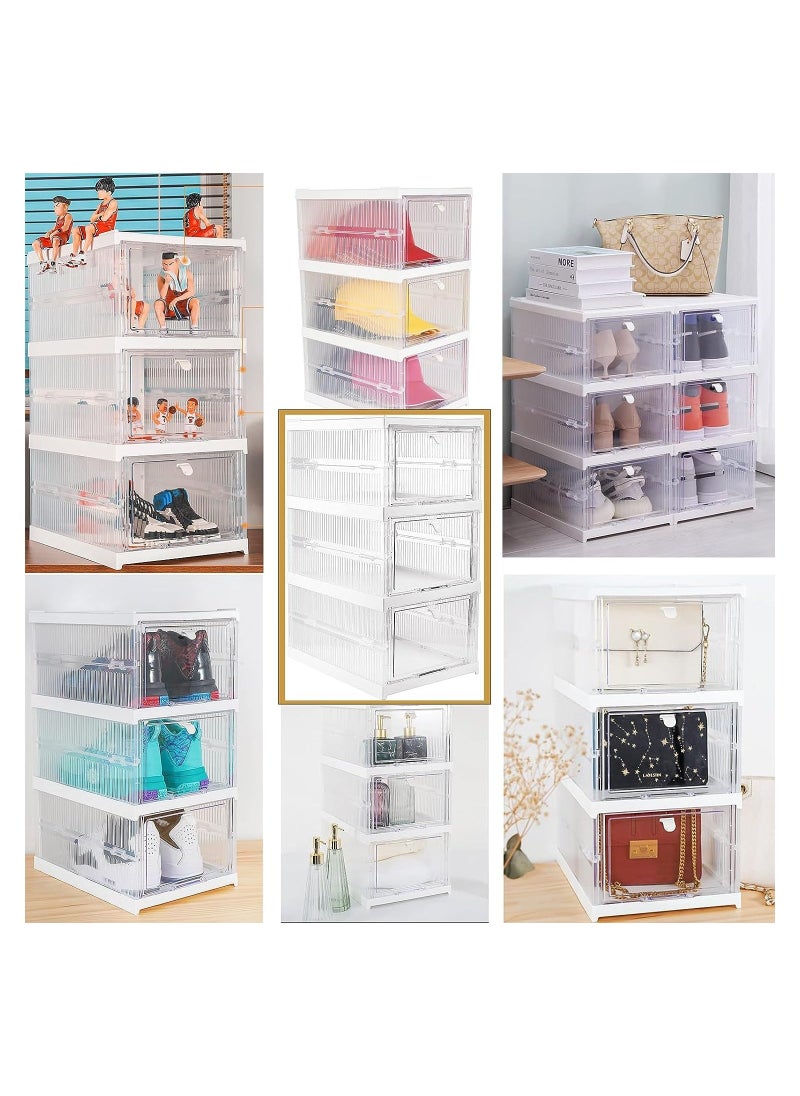 Generic - Clear Plastic Foldable Shoe Boxes, 3 Layers Sneaker Storage Boxes Display Boxes with Magnetic Front Door, Space Saving Shoe Rack Containers Bin Holder - Image 1