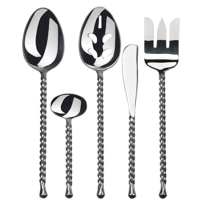 Gourmet Settings 5Pieces Hostess Silverware Silver Tear Collection Polished Metal Flatware Serving Set Stainless Steel Kitchen Utensils KnifeForkSpoons Dishwasher Safe