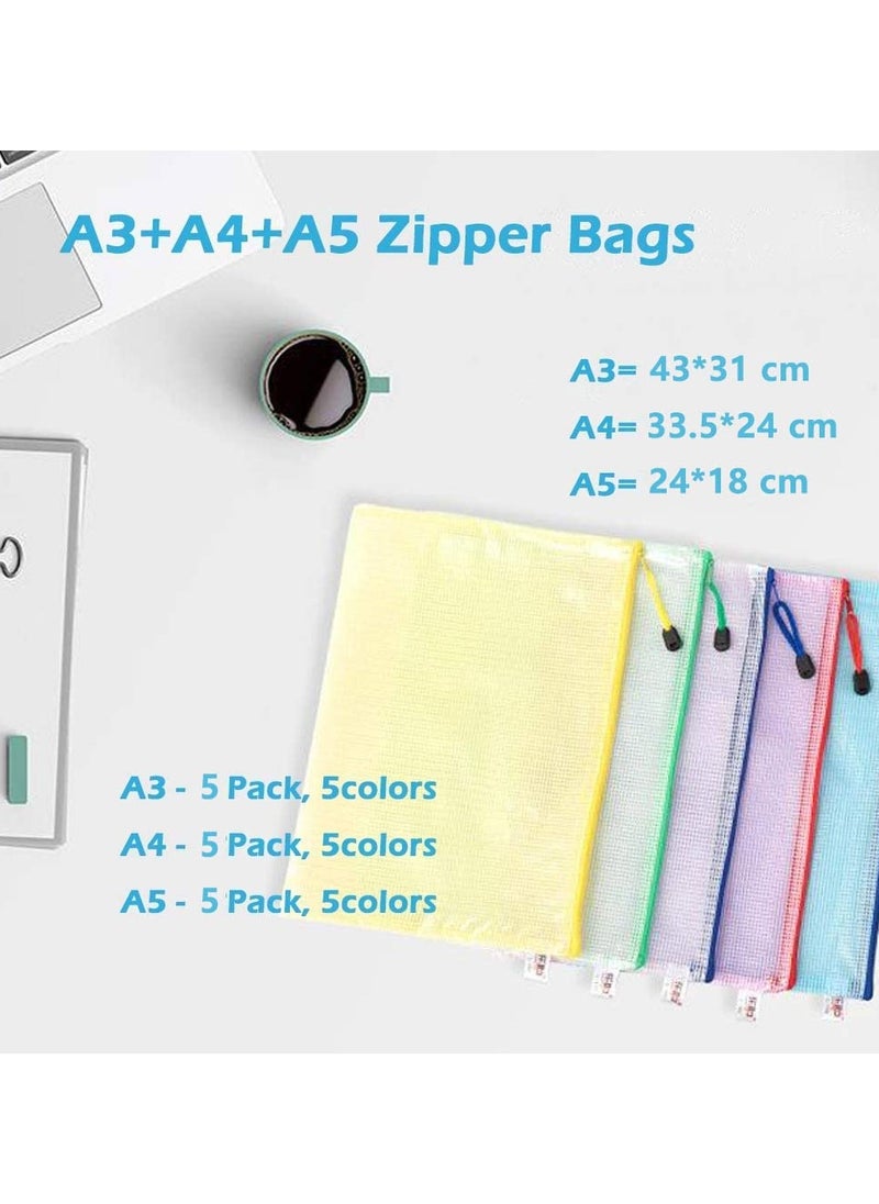phomemo 15 Pack Mesh Zipper Pouch Document Bags,A3/A4/A5 Size Document Bags Plastic Zip File Folders 5 Color Organize Bags Waterproof File Envelopes for School Office Supplies Cosmetics Travel Storage  - Image 3