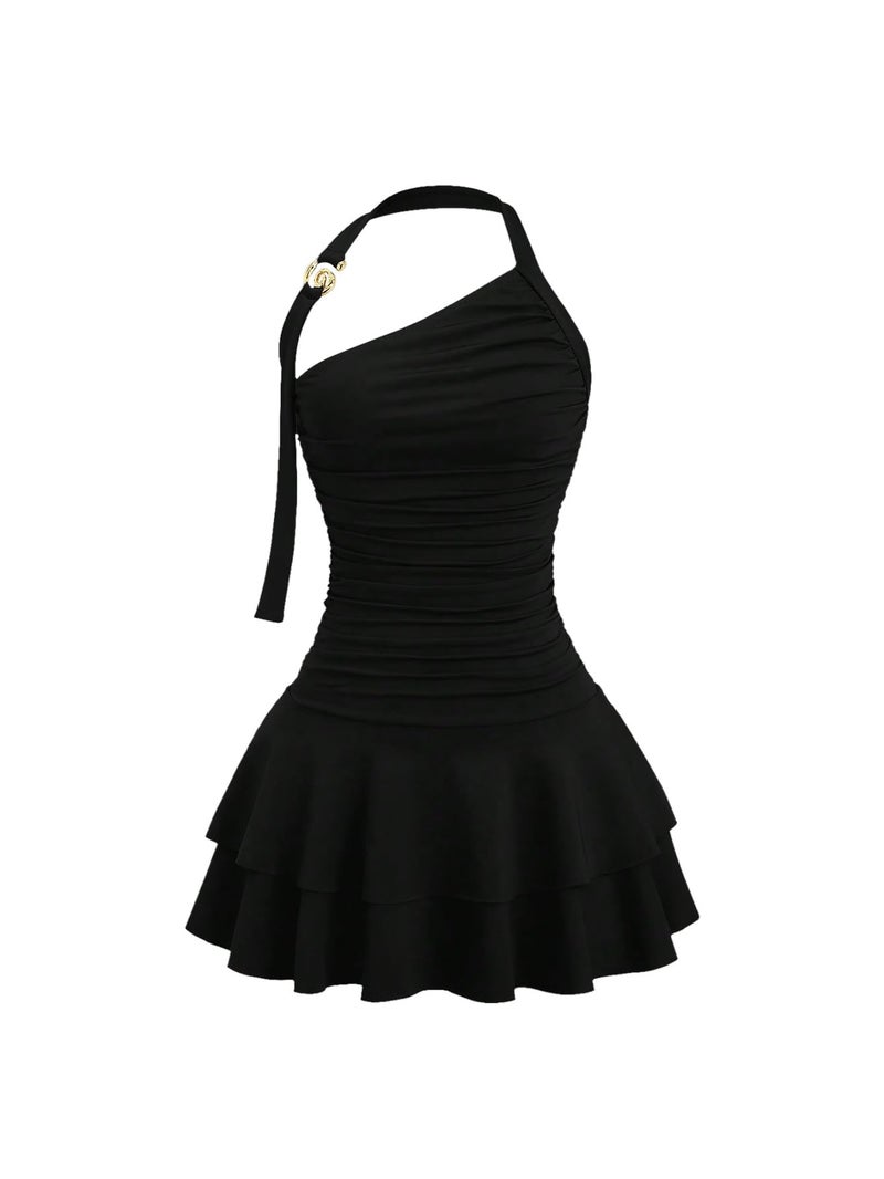 MakeMeChic Women's Y2k Halter Mini Dress Backless Ruffle Short Going Out Dress Black Small - Image 1