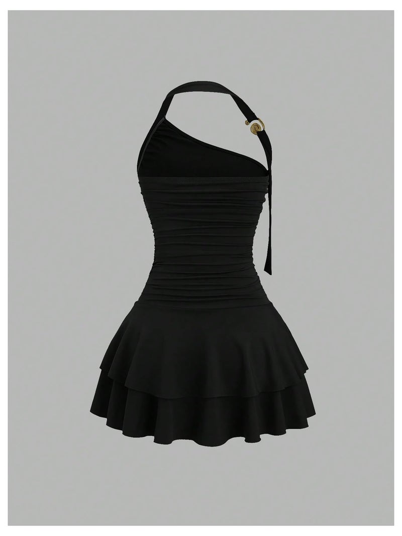 MakeMeChic Women's Y2k Halter Mini Dress Backless Ruffle Short Going Out Dress Black Small - Image 3