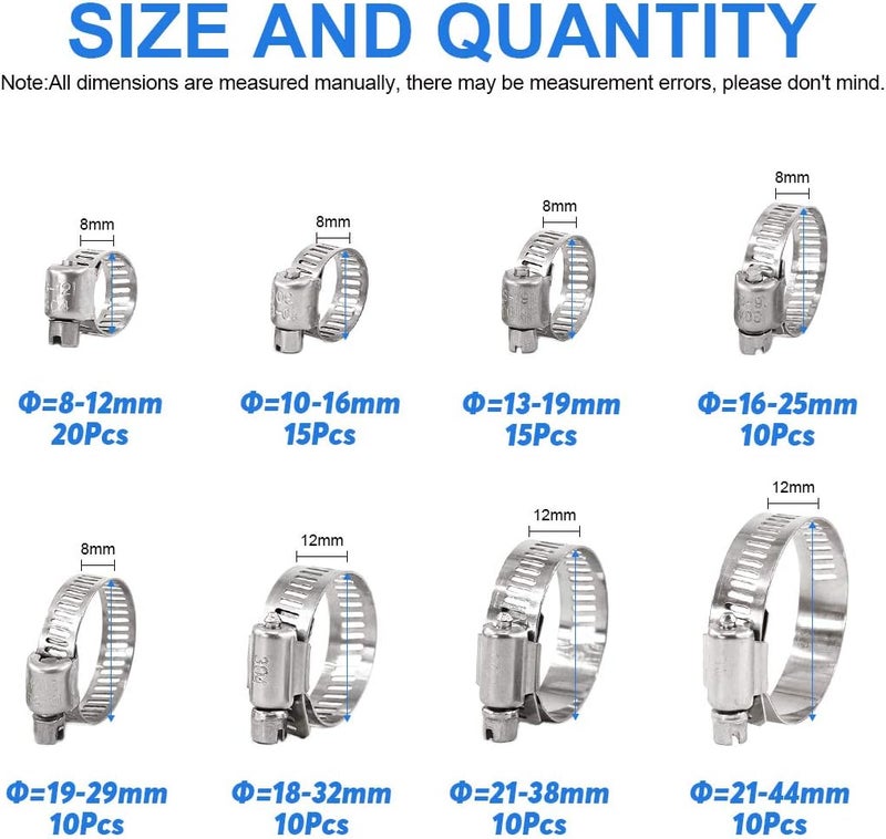 Glarks 100Pcs Adjustable 8-44mm Range 304 Stainless Steel Worm Gear Hose Clamps Assortment Kit, Fuel Line Clamp for Water Pipe, Plumbing, Automotive and Mechanical Application (Hose Clamp Kit) - Image 2