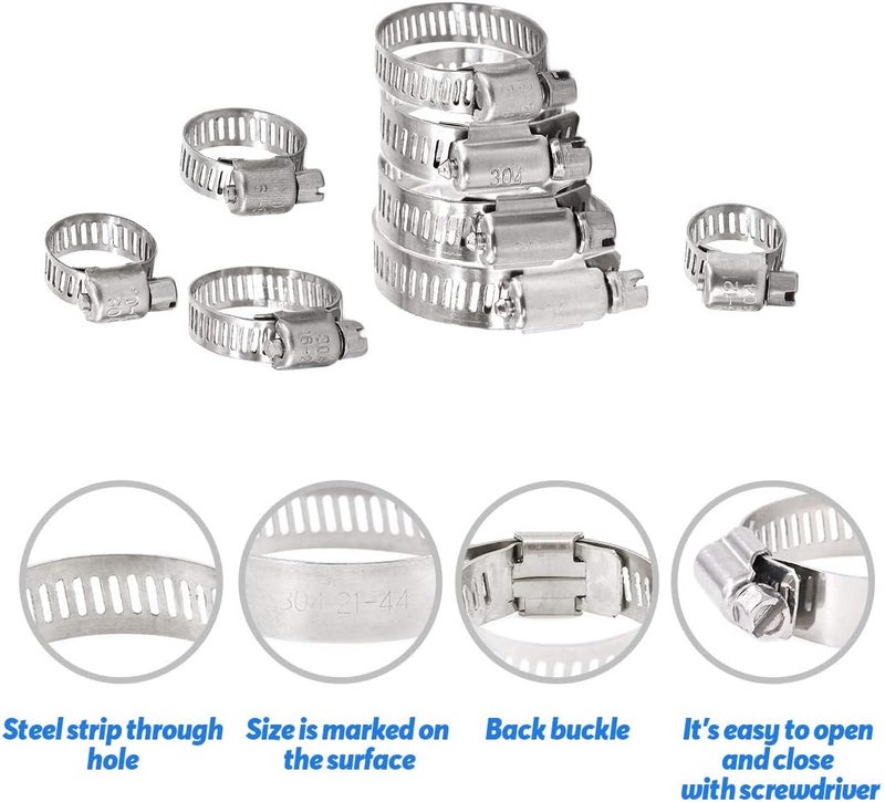 Glarks 100Pcs Adjustable 8-44mm Range 304 Stainless Steel Worm Gear Hose Clamps Assortment Kit, Fuel Line Clamp for Water Pipe, Plumbing, Automotive and Mechanical Application (Hose Clamp Kit) - Image 4
