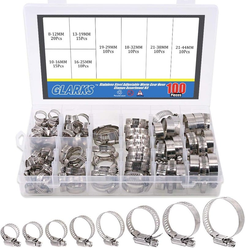Glarks 100Pcs Adjustable 8-44mm Range 304 Stainless Steel Worm Gear Hose Clamps Assortment Kit, Fuel Line Clamp for Water Pipe, Plumbing, Automotive and Mechanical Application (Hose Clamp Kit) - Image 1