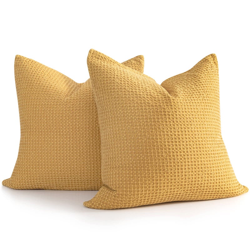 COCOPLOCEUS Pillow Covers 26x26 Set of 2 Cotton Euro Shams with Hidden Zipper Wrinkle Resistant Breathable Decorative Waffle Weave Pillowcases for Couch Sofa Bedroom Car Yellow
