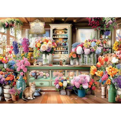 Blueforest 1000 Piece Jigsaw Puzzle for Adults Colorful Flower Shop Scene with Cat Premium Quality Cardboard Puzzles for Adults Family Challenging Adult Puzzle Games 27x20 Inches Finished Size - Image 1