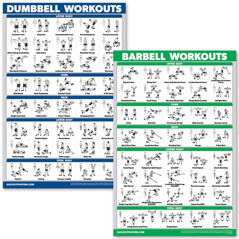 Palace Learning QuickFit Dumbbell Workouts and Barbell Exercise Poster Set - Laminated 2 Chart Set - Dumbbell Exercise Routine & Barbell Workouts (18" x 27") - Image 1