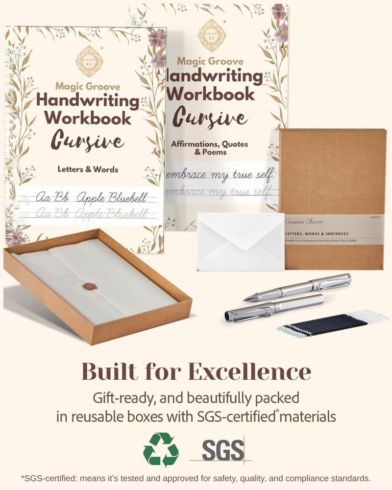 UNCLE EJÂ® Grooved Cursive Handwriting Workbook Kit - Reusable Cursive Workbook for Kids 8-12 and Adults, Magic Grooved Handwriting Practice, Letters Words Poetry & Affirmations, Cursive Charm, 9.8"x7" - Image 4