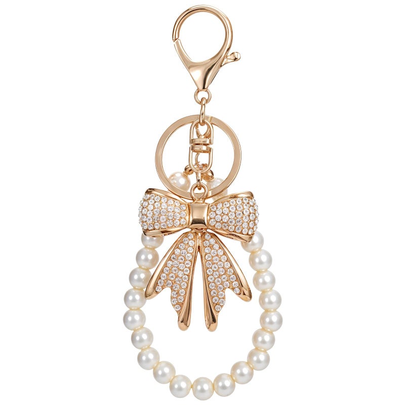 Lnngub 2 Pcs White Rhinestone Bowknot Keychain Imitation Pearl Chains Sparkly Bow Purse Charm Bag Charms for Handbags Purse Backpacks Handbag Charms Keychain Accessories for Women - Image 1