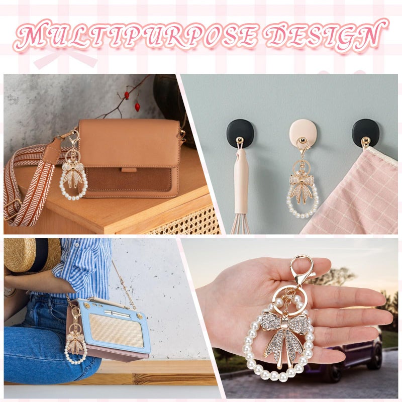 Lnngub 2 Pcs White Rhinestone Bowknot Keychain Imitation Pearl Chains Sparkly Bow Purse Charm Bag Charms for Handbags Purse Backpacks Handbag Charms Keychain Accessories for Women - Image 5