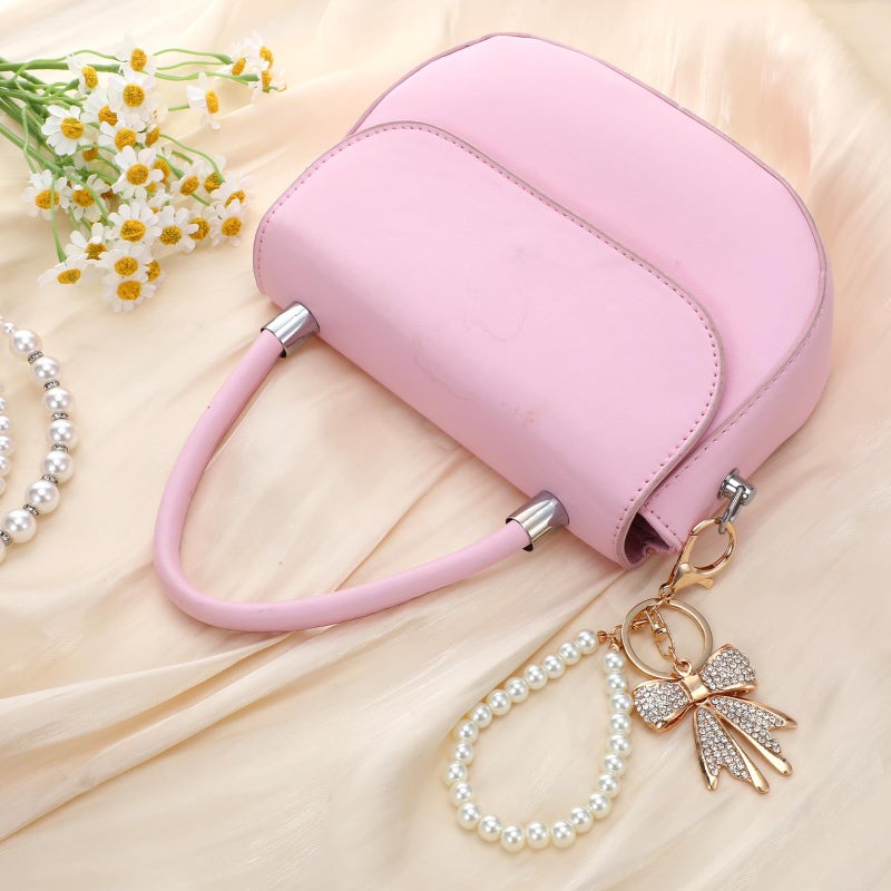 Lnngub 2 Pcs White Rhinestone Bowknot Keychain Imitation Pearl Chains Sparkly Bow Purse Charm Bag Charms for Handbags Purse Backpacks Handbag Charms Keychain Accessories for Women - Image 3