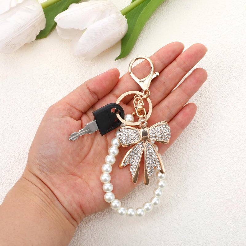 Lnngub 2 Pcs White Rhinestone Bowknot Keychain Imitation Pearl Chains Sparkly Bow Purse Charm Bag Charms for Handbags Purse Backpacks Handbag Charms Keychain Accessories for Women - Image 4