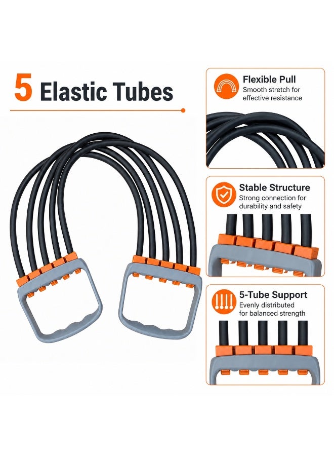 Tanyaz 5-Tube Resistance Expander, Chest & Arm Pull Trainer, Home Fitness Equipment, Gray Handles with Orange Connectors, Black Elastic Bands (35*10*2 CM) - Image 5