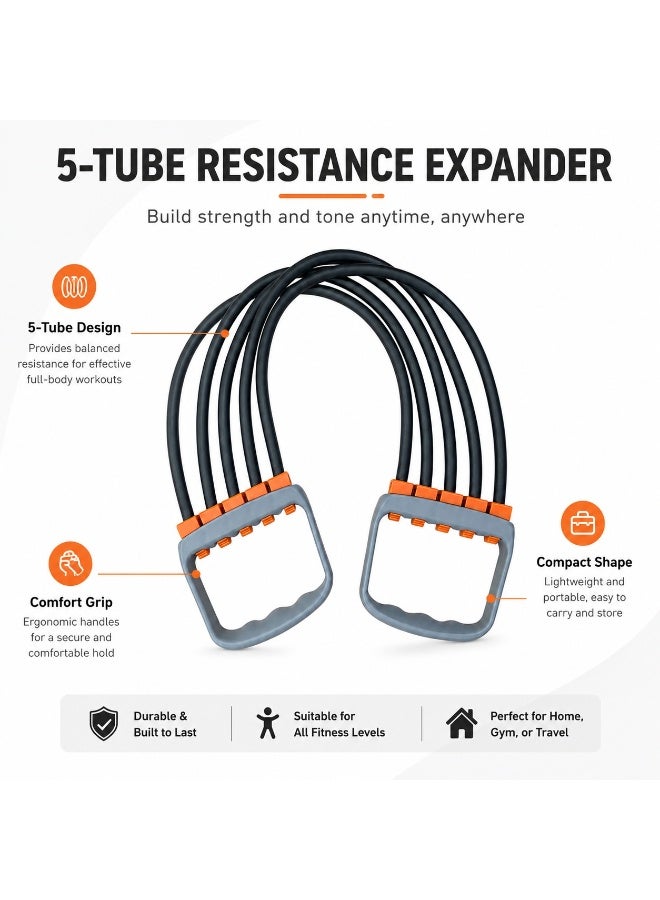 Tanyaz 5-Tube Resistance Expander, Chest & Arm Pull Trainer, Home Fitness Equipment, Gray Handles with Orange Connectors, Black Elastic Bands (35*10*2 CM) - Image 2