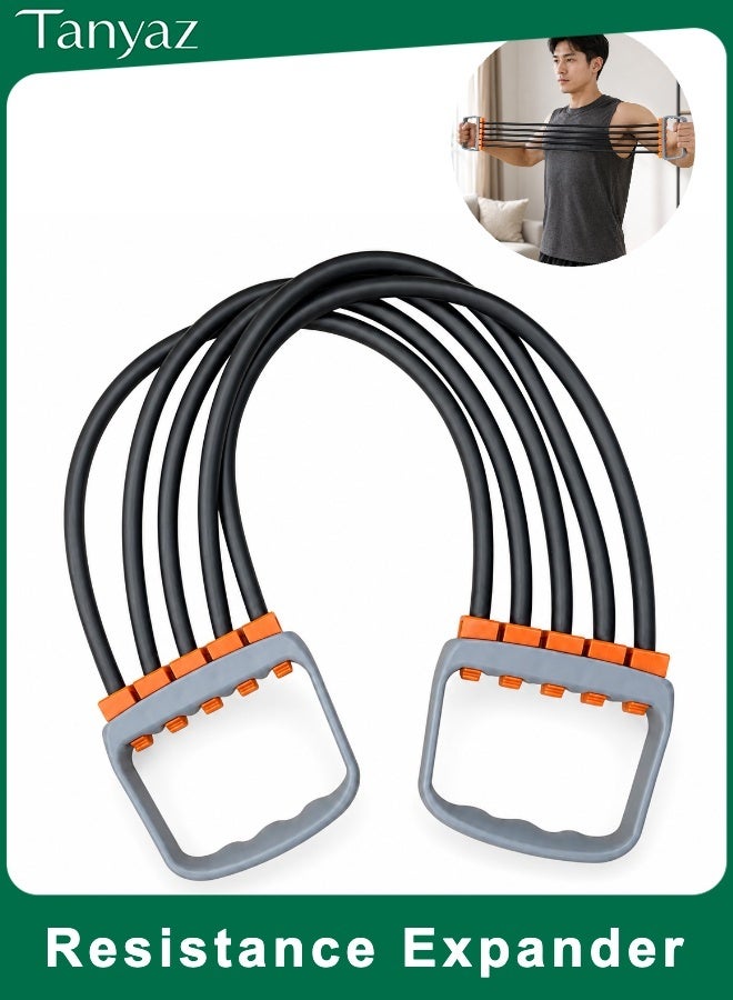 Tanyaz 5-Tube Resistance Expander, Chest & Arm Pull Trainer, Home Fitness Equipment, Gray Handles with Orange Connectors, Black Elastic Bands (35*10*2 CM) - Image 1