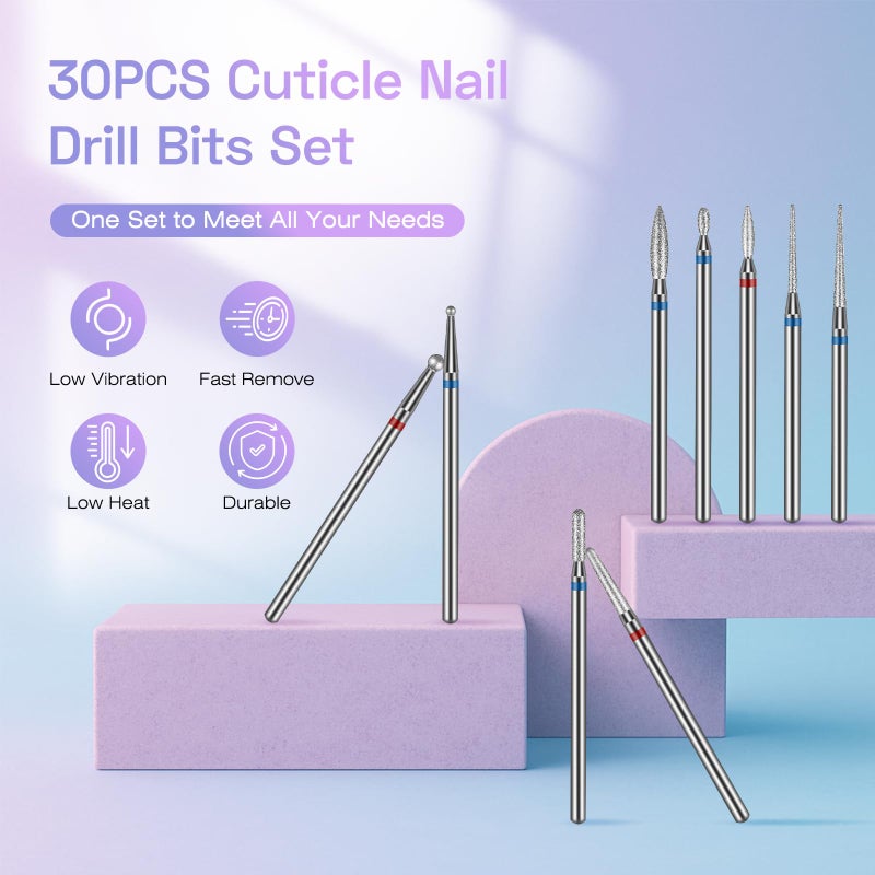 Rolokit 30PCS Cuticle Nail Drill Bits Set: 3/32'' Nail Bits for Acrylic Gel Nail Prep Contain Flame/Ball/Needle/Safety Shape Heads, Remover Tools Efile Bits for Salon Home Manicure Pedicure Nail Tech - Image 2