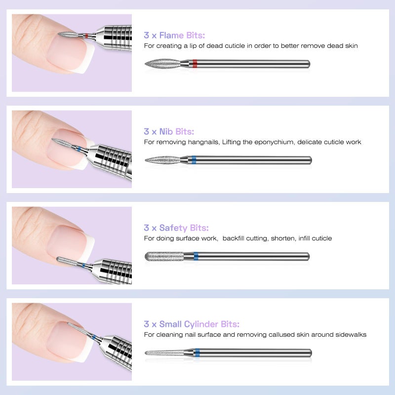 Rolokit 30PCS Cuticle Nail Drill Bits Set: 3/32'' Nail Bits for Acrylic Gel Nail Prep Contain Flame/Ball/Needle/Safety Shape Heads, Remover Tools Efile Bits for Salon Home Manicure Pedicure Nail Tech - Image 3
