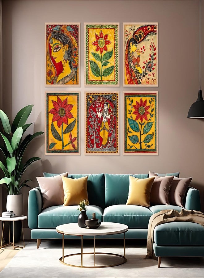 ARTELLY Madhubani Paintings For Living Room Bedroom - Pichwai Painting For Wall/Home Decoration - Traditional Indian Big Size Frames For Office Wall Decor (Set of 6) (10inch x 13inch, ART 4) - Image 1