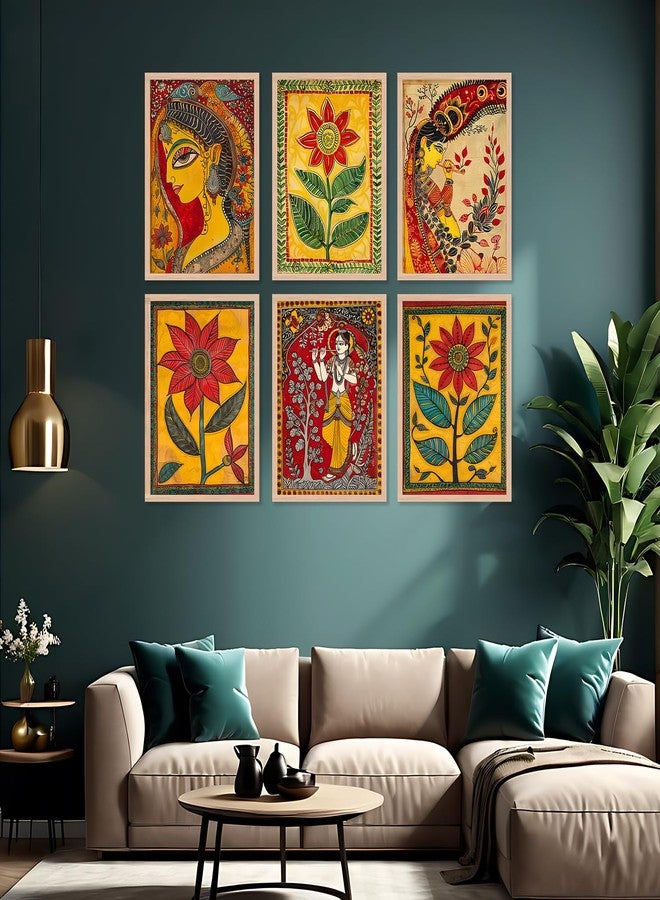 ARTELLY Madhubani Paintings For Living Room Bedroom - Pichwai Painting For Wall/Home Decoration - Traditional Indian Big Size Frames For Office Wall Decor (Set of 6) (10inch x 13inch, ART 4) - Image 3