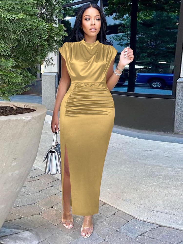 AOMEI Women's Sleeveless Pleated High Waist Ruched Slit Slim Elegant Long Satin Dress (Gold,L) - Image 2