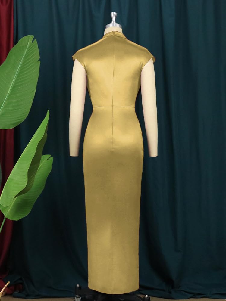 AOMEI Women's Sleeveless Pleated High Waist Ruched Slit Slim Elegant Long Satin Dress (Gold,L) - Image 4