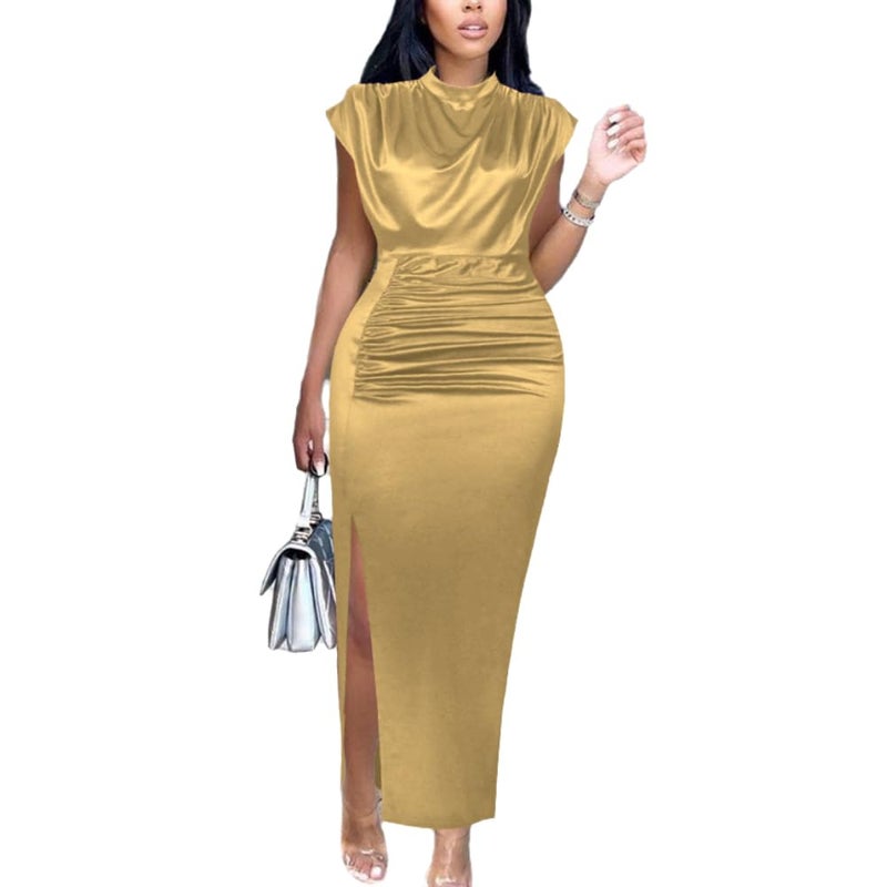 AOMEI Women's Sleeveless Pleated High Waist Ruched Slit Slim Elegant Long Satin Dress (Gold,L) - Image 1