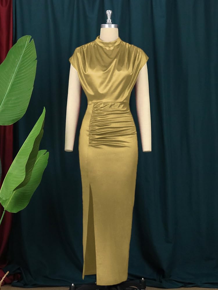 AOMEI Women's Sleeveless Pleated High Waist Ruched Slit Slim Elegant Long Satin Dress (Gold,L) - Image 3